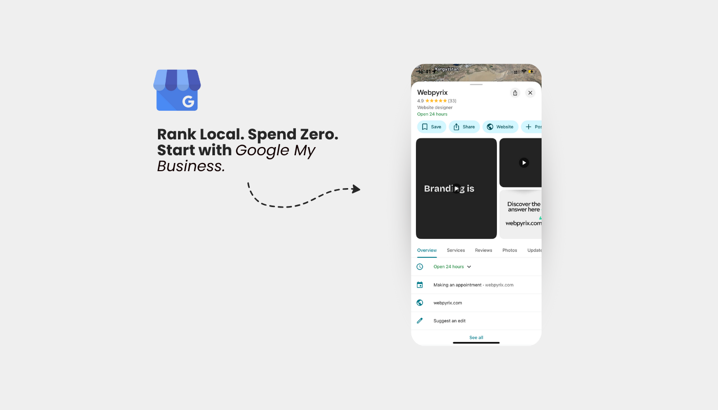 Webpyrix Google My Business profile preview on mobile screen with the text ‘Rank Local. Spend Zero. Start with Google My Business’ promoting free local SEO visibility.